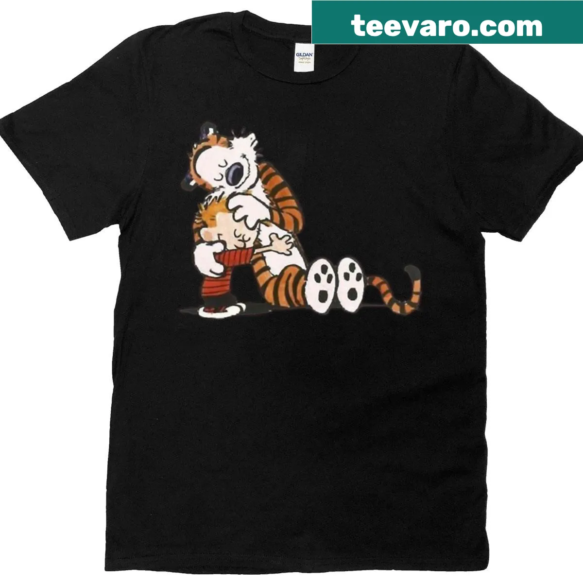 Calvin and Hobbs dancing t-shirt design — on a men's t-shirt