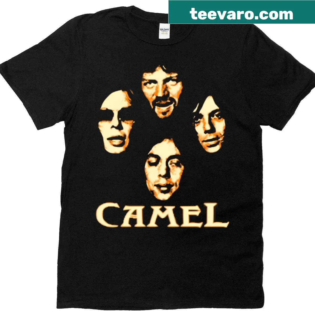 Camel band illustration T-shirt with cartoon camels playing instruments — on a men's t-shirt
