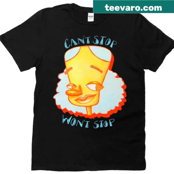 Playful t-shirt featuring 'Can't Stop' phrase in bold typography.