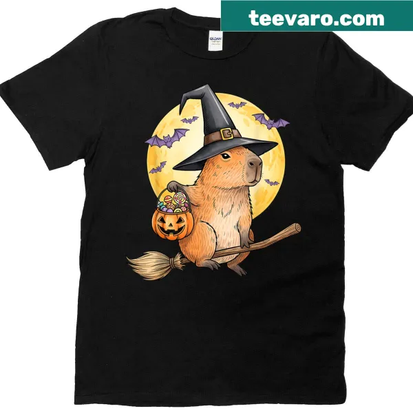 Capybara in a witch hat with pumpkins for Halloween T-shirt