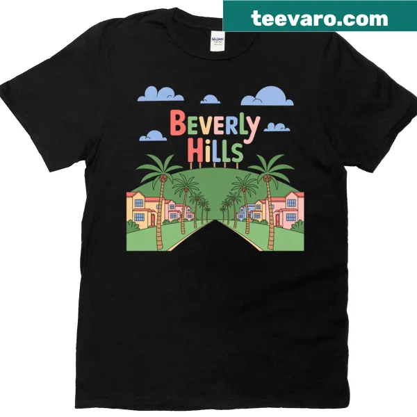 Cartoon t-shirt featuring a playful depiction of Beverly Hills.