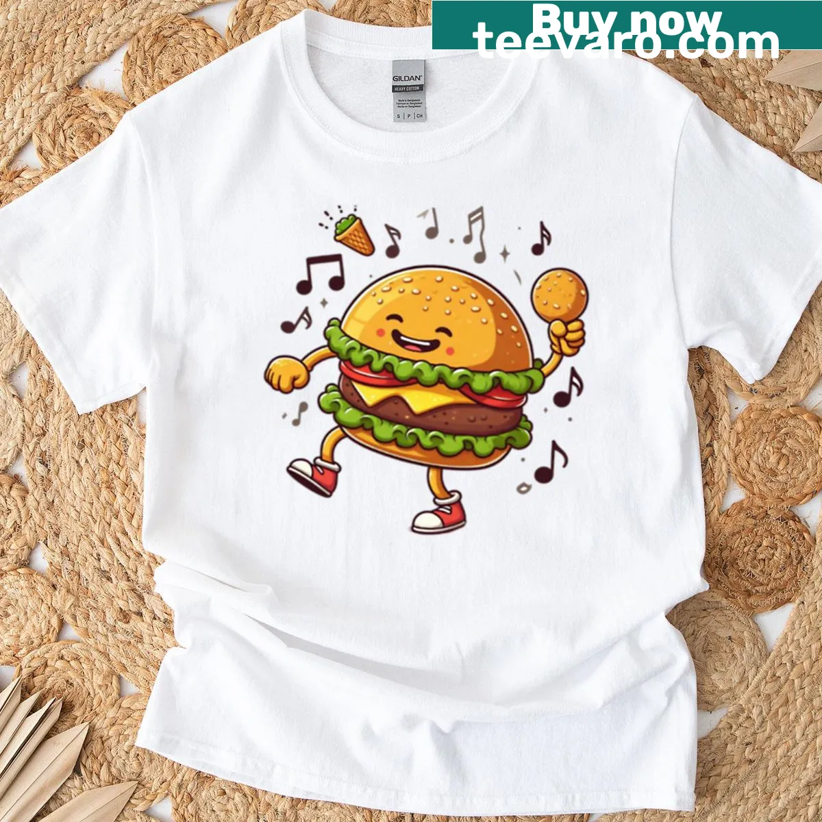 Oversized t-shirt with a cartoon dancing burger graphic — on a men's t-shirt