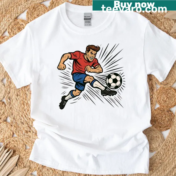 Cartoon football player graphic in comic book style on a t-shirt.