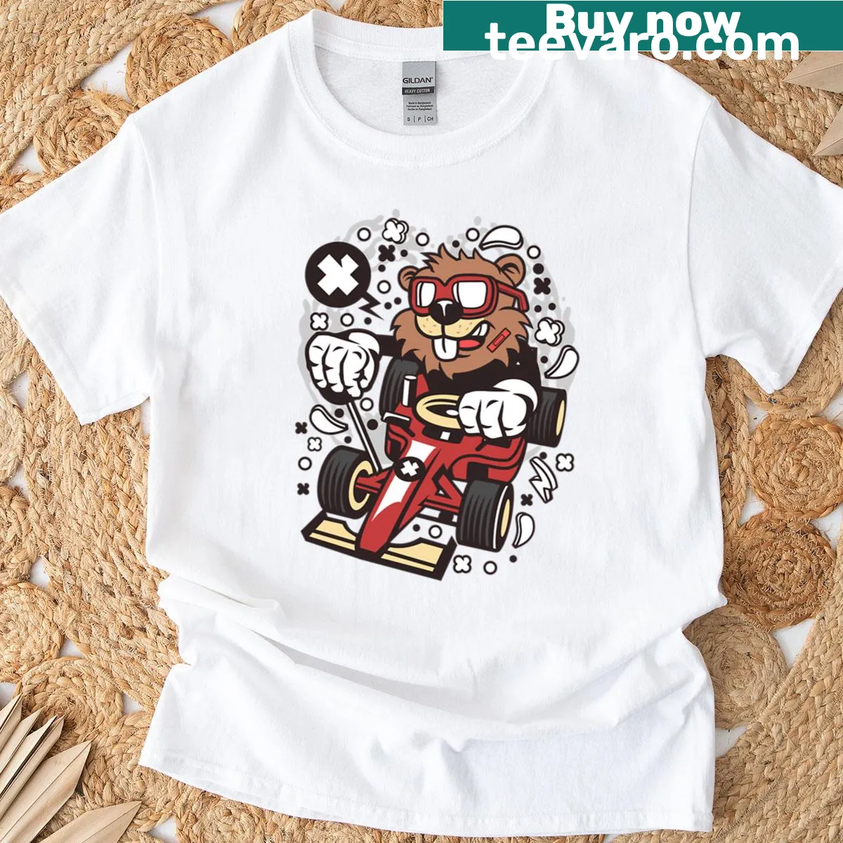 Cartoon happy beaver in a racing pose on t-shirt — on a men's t-shirt