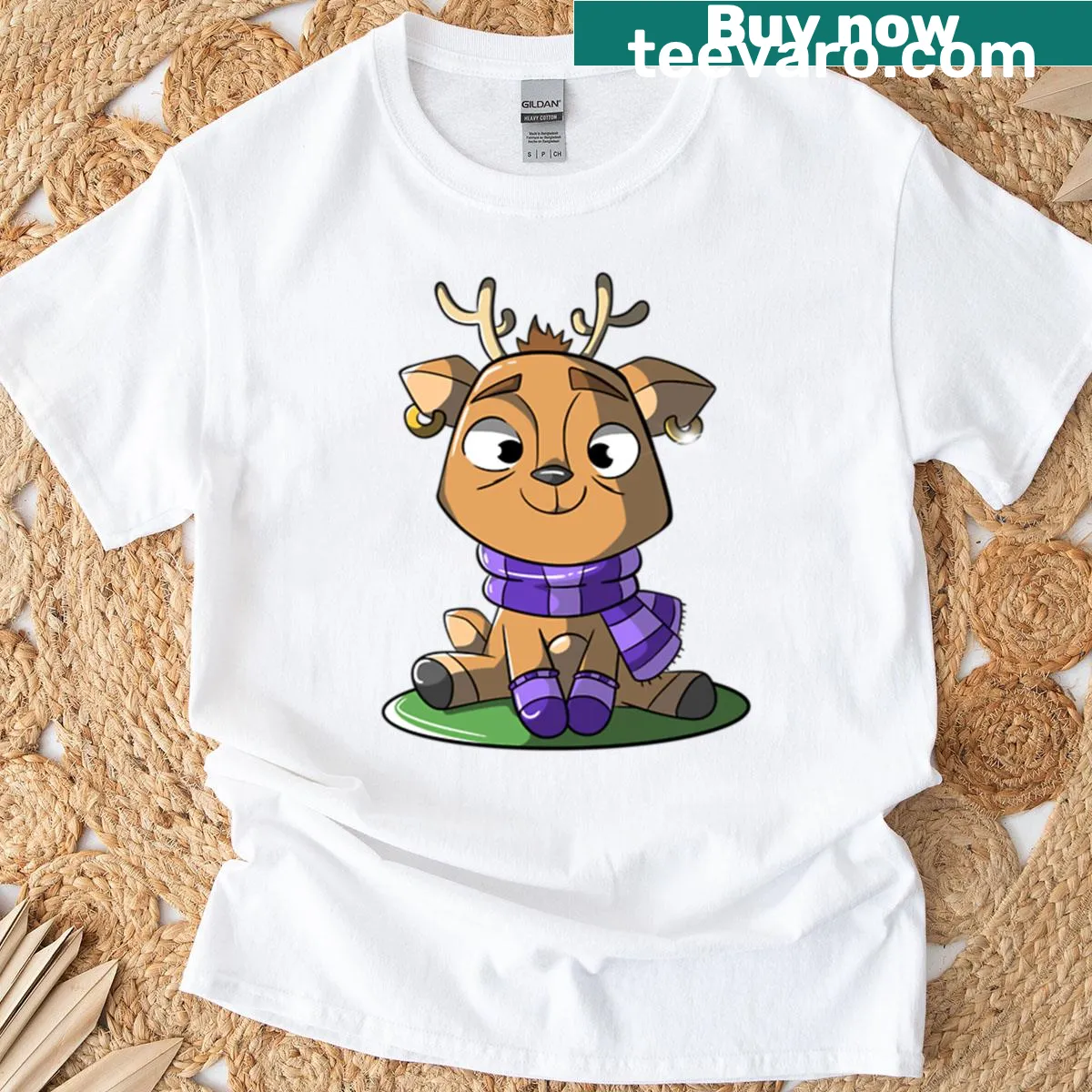 Oversized t-shirt with cartoon illustration of a baby deer — on a men's t-shirt
