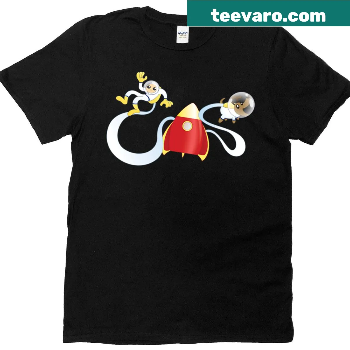 Cartoon rocket man and dog graphic on t-shirt — on a men's t-shirt
