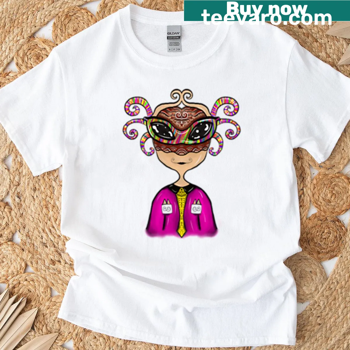Cartoon character wearing a rainbow mask on t-shirt — on a men's t-shirt