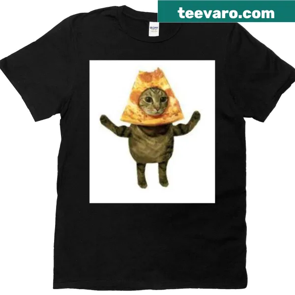 T-shirt featuring a cat with a pizza head in a playful design