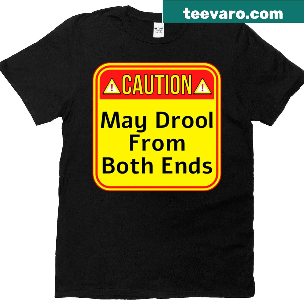 Funny warning signs T-shirt with drooling phrase — on a men's t-shirt