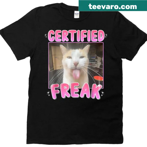 Funny cat meme T-shirt with cartoon graphic and text