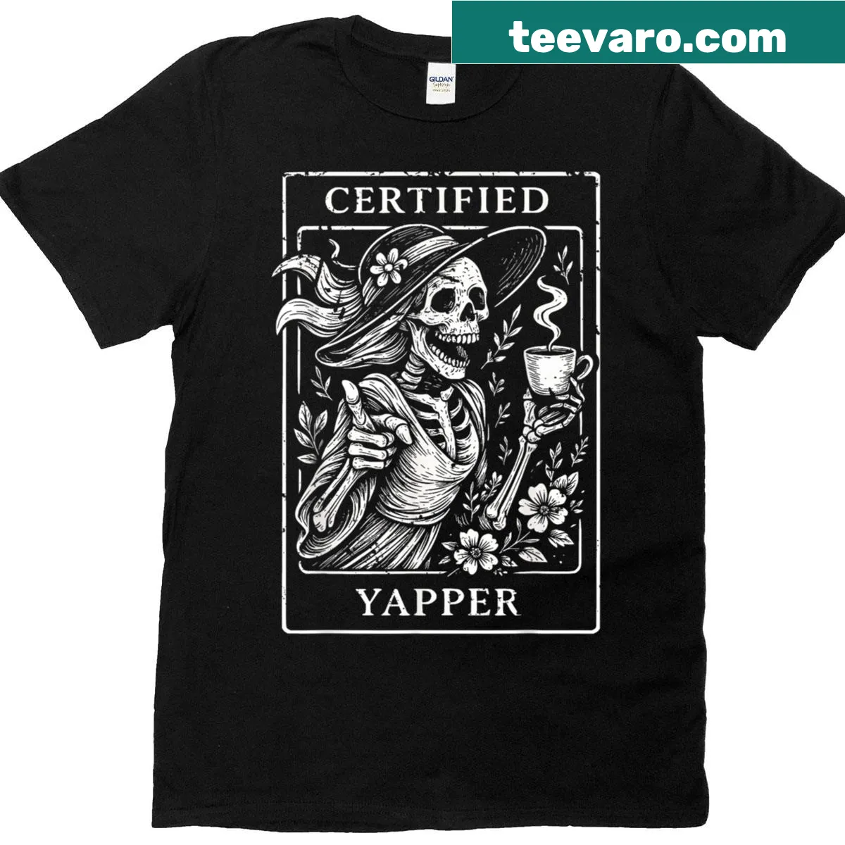 Funny skeleton graphic with coffee and tarot card elements — on a men's t-shirt