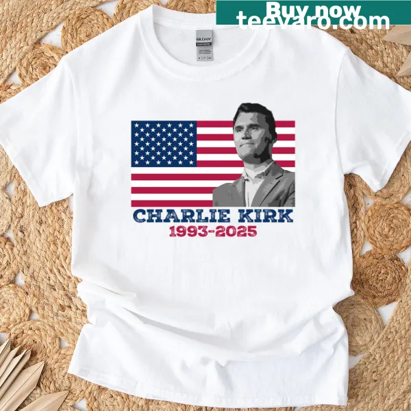 T-shirt with Charlie Kirk's name and dates in bold typography.