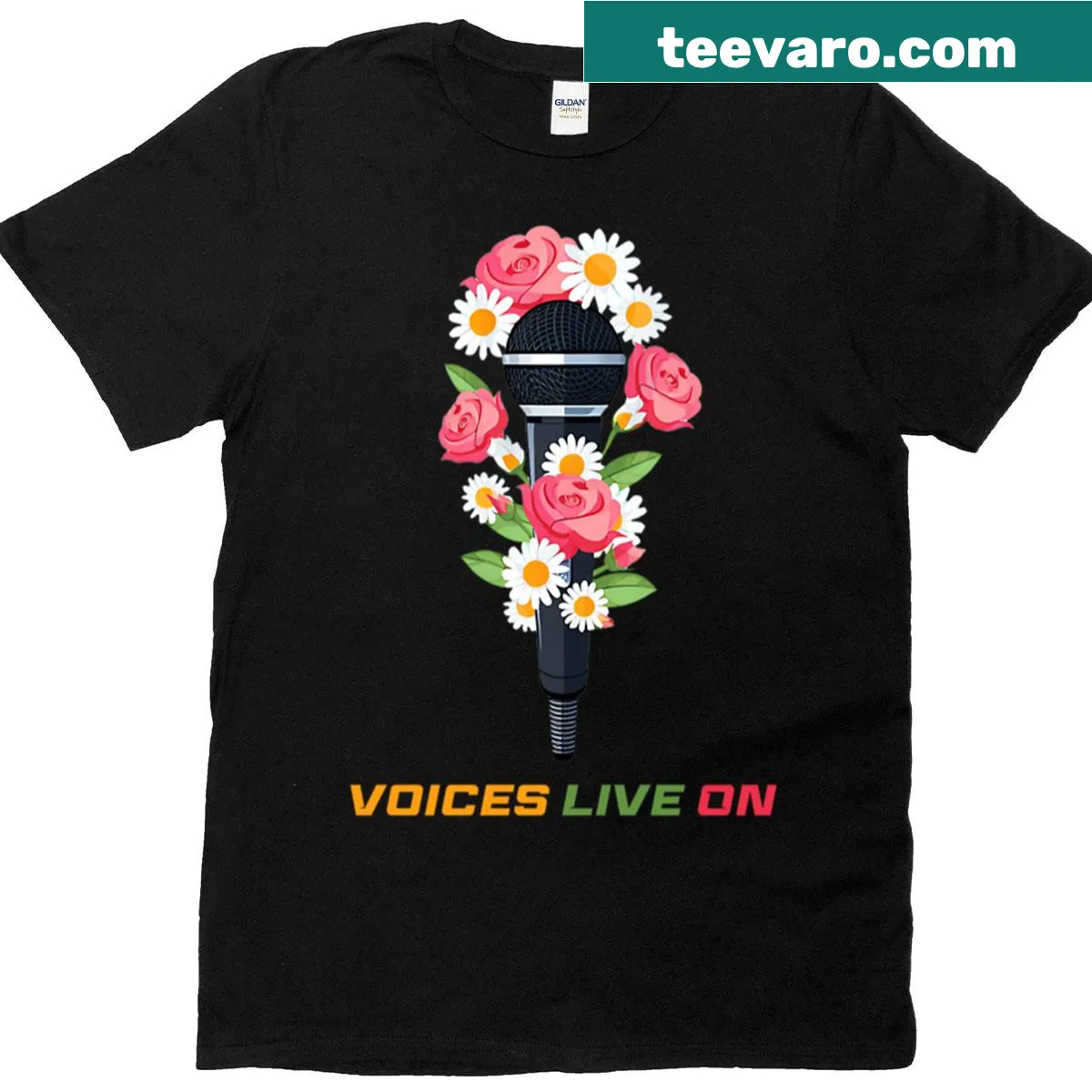 Illustrative tribute t-shirt with microphone and angel wings — on a men's t-shirt