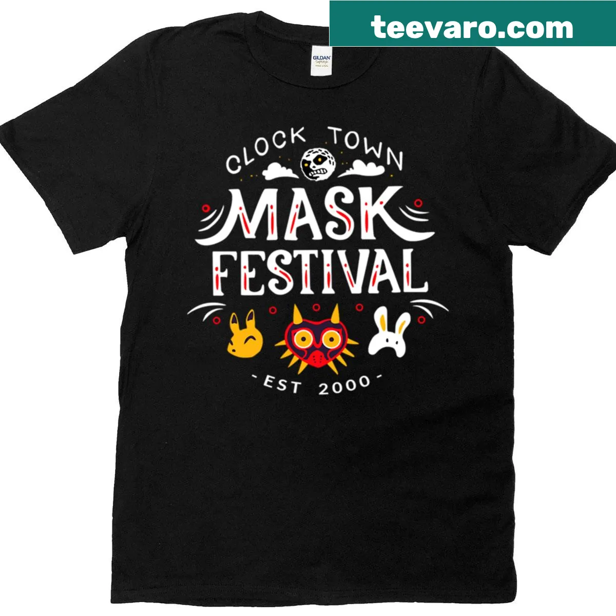 Black t-shirt with colorful mask illustrations for Clock Town Festival — on a men's t-shirt