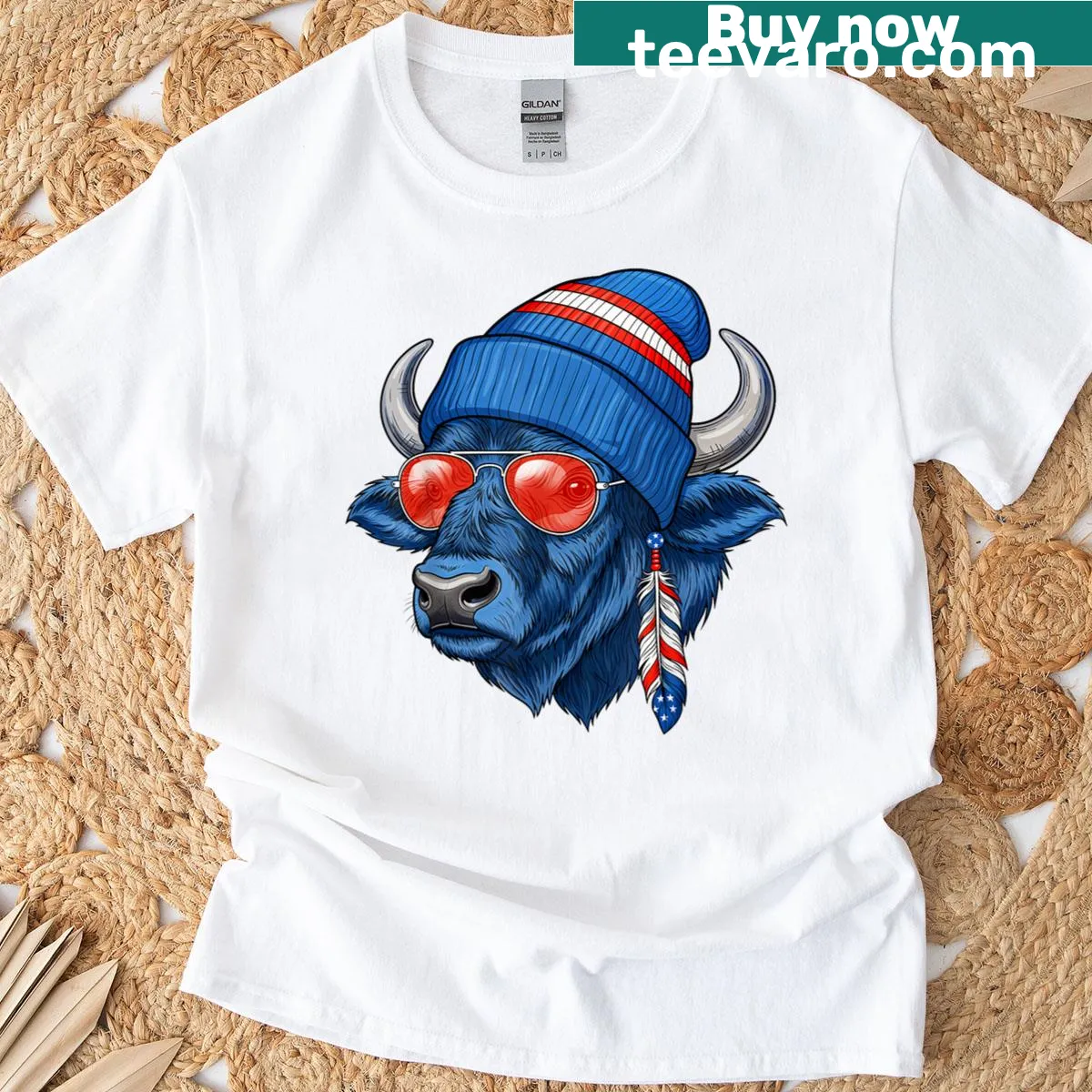 Cartoon buffalo wearing a beanie and sunglasses on a t-shirt. — on a men's t-shirt
