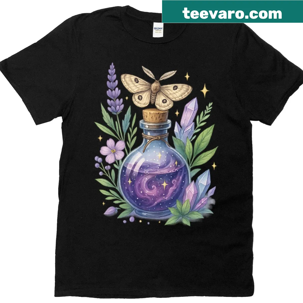 Enchanting potion-themed T-shirt with flowers and moth — on a men's t-shirt