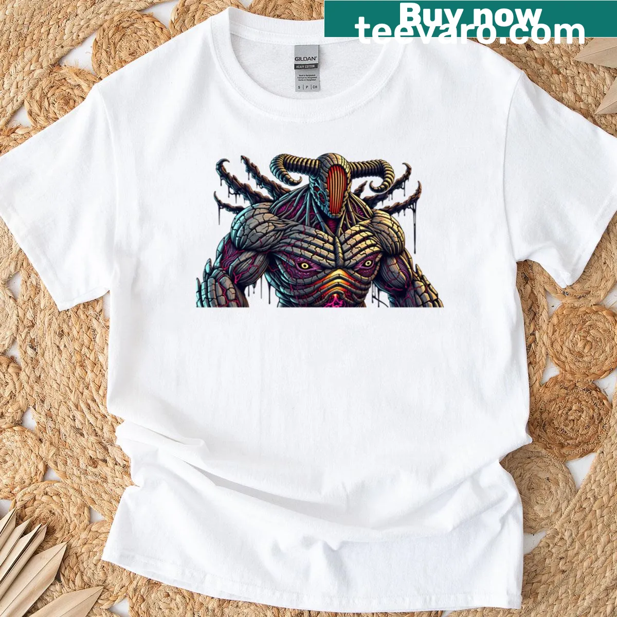 Illustrated T-shirt featuring a cosmic alien character. — on a men's t-shirt