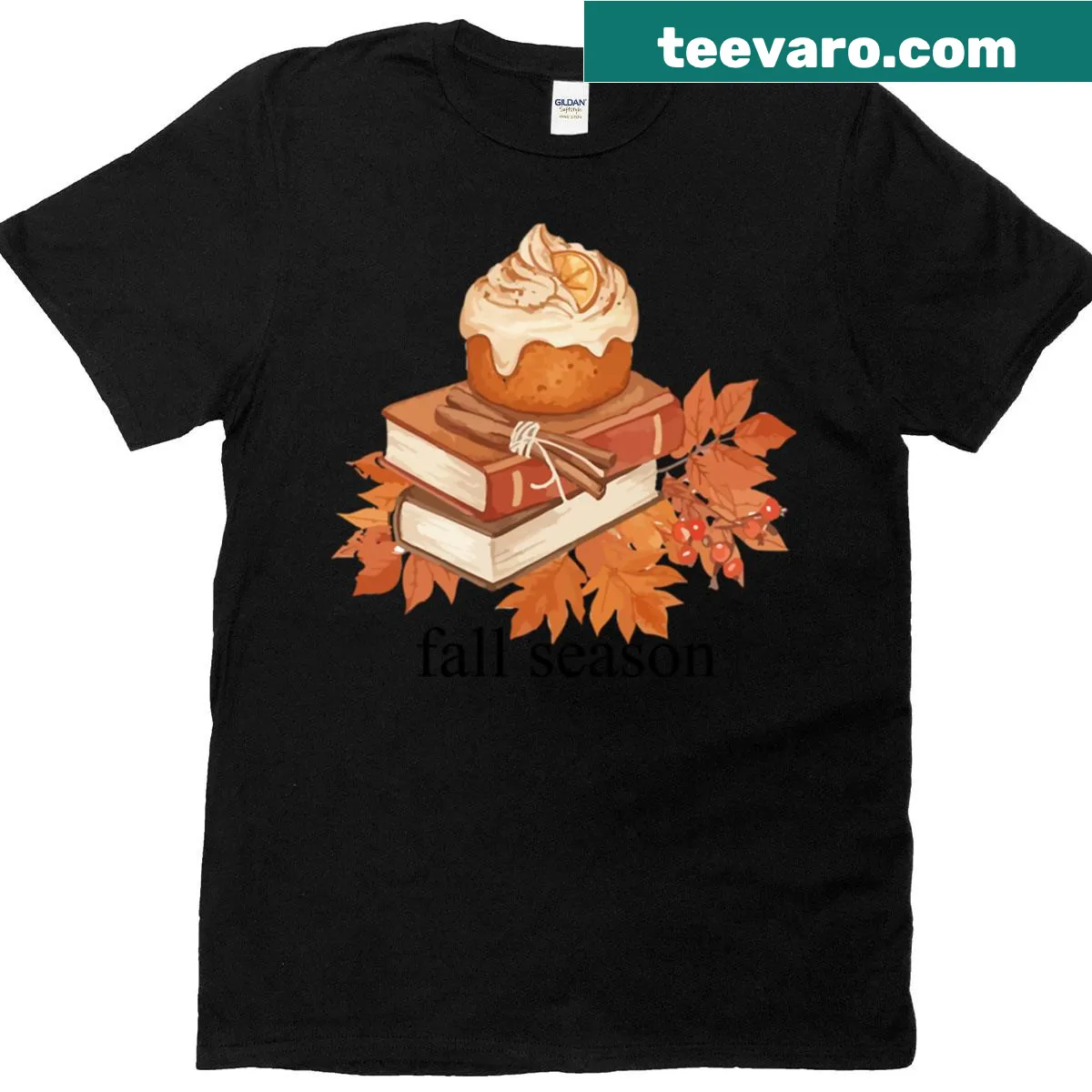 White T-shirt with an illustration of books and desserts for autumn — on a men's t-shirt