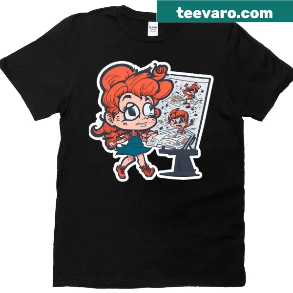 Whimsical t-shirt featuring a cartoonist girl and her wild creations