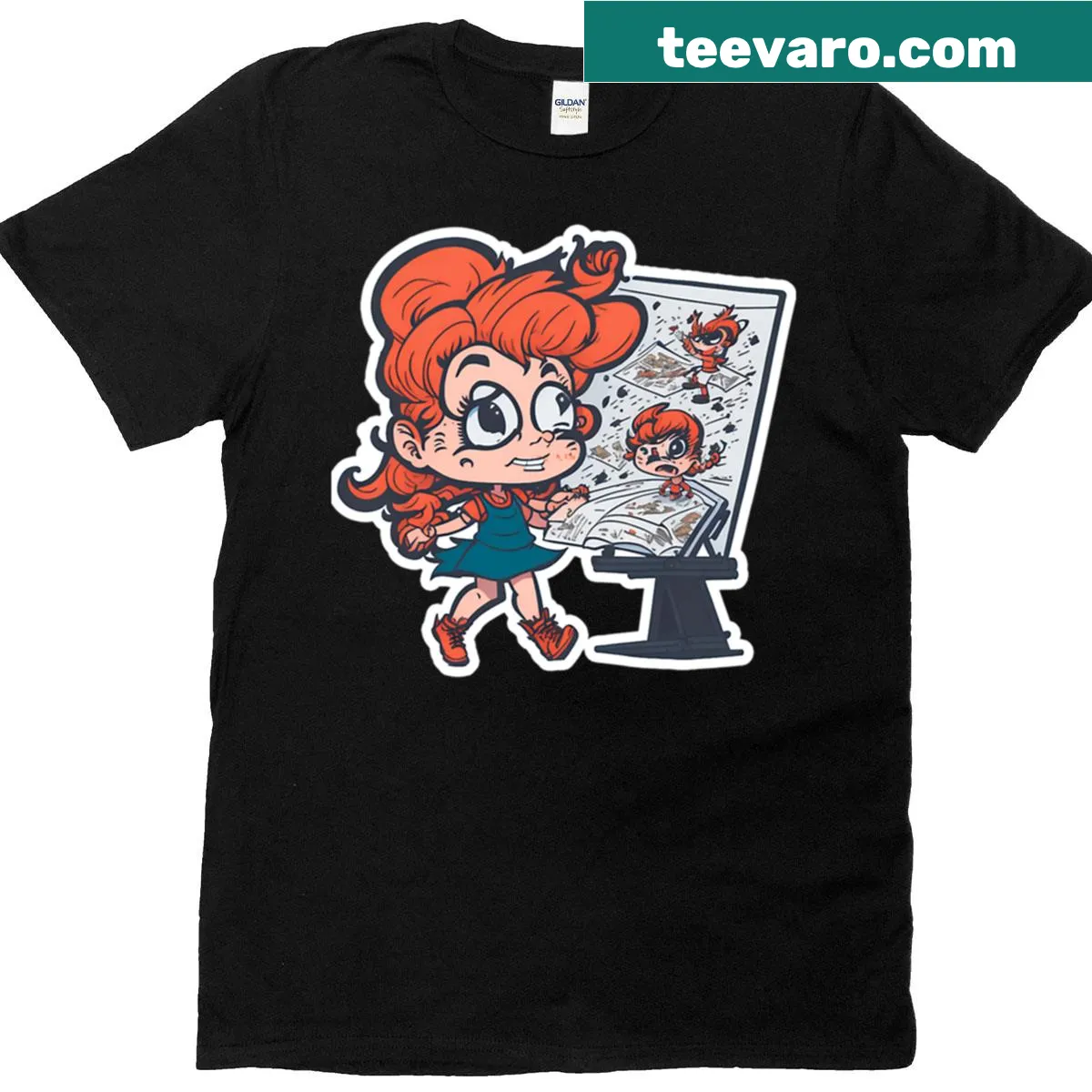 Whimsical t-shirt featuring a cartoonist girl and her wild creations — on a men's t-shirt