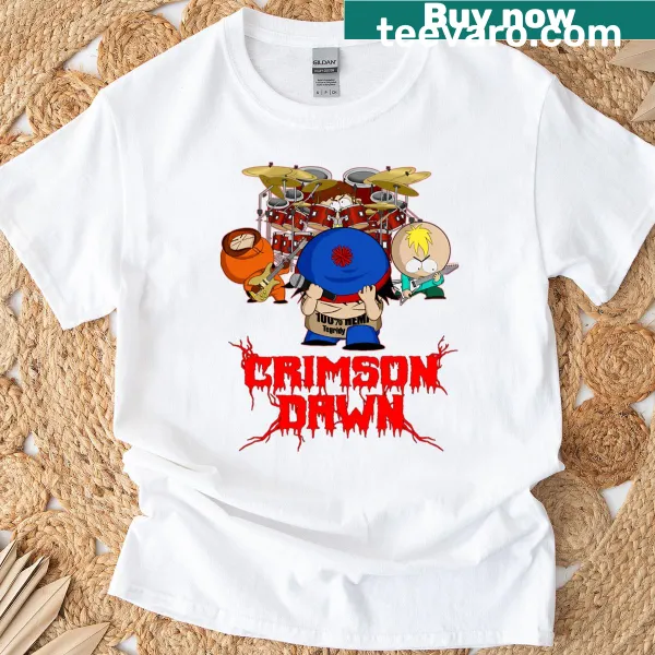 T-shirt featuring abstract typography of 'Crimson Dawn'