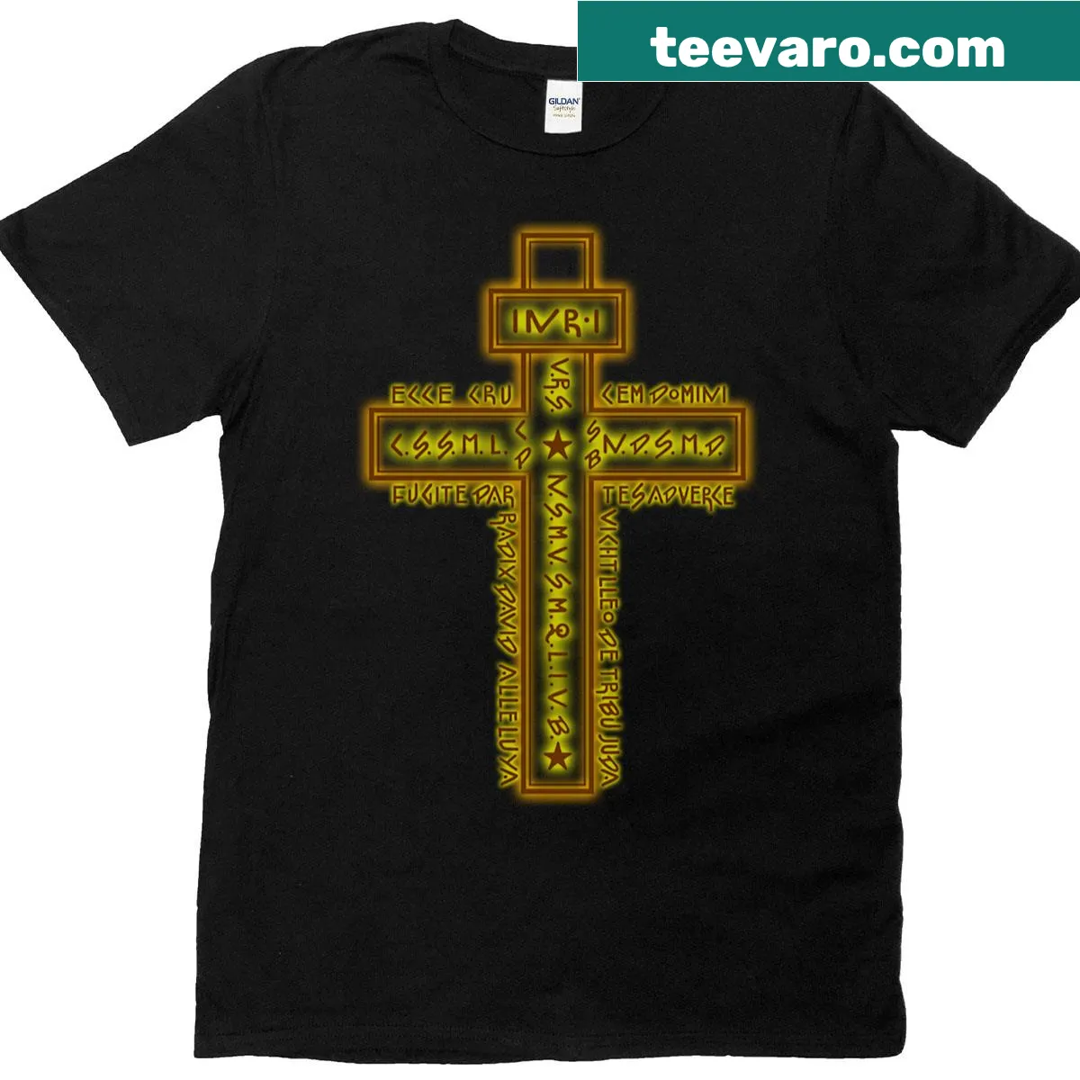T-shirt featuring the Cruz Del Santo Padre Benito design — on a men's t-shirt