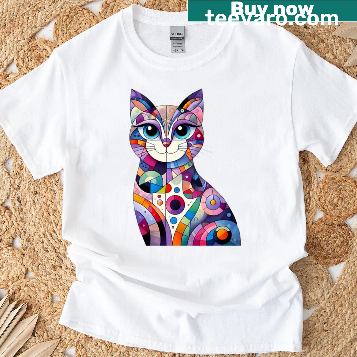 Cubist-style cat art graphic on t-shirt — on a men's t-shirt