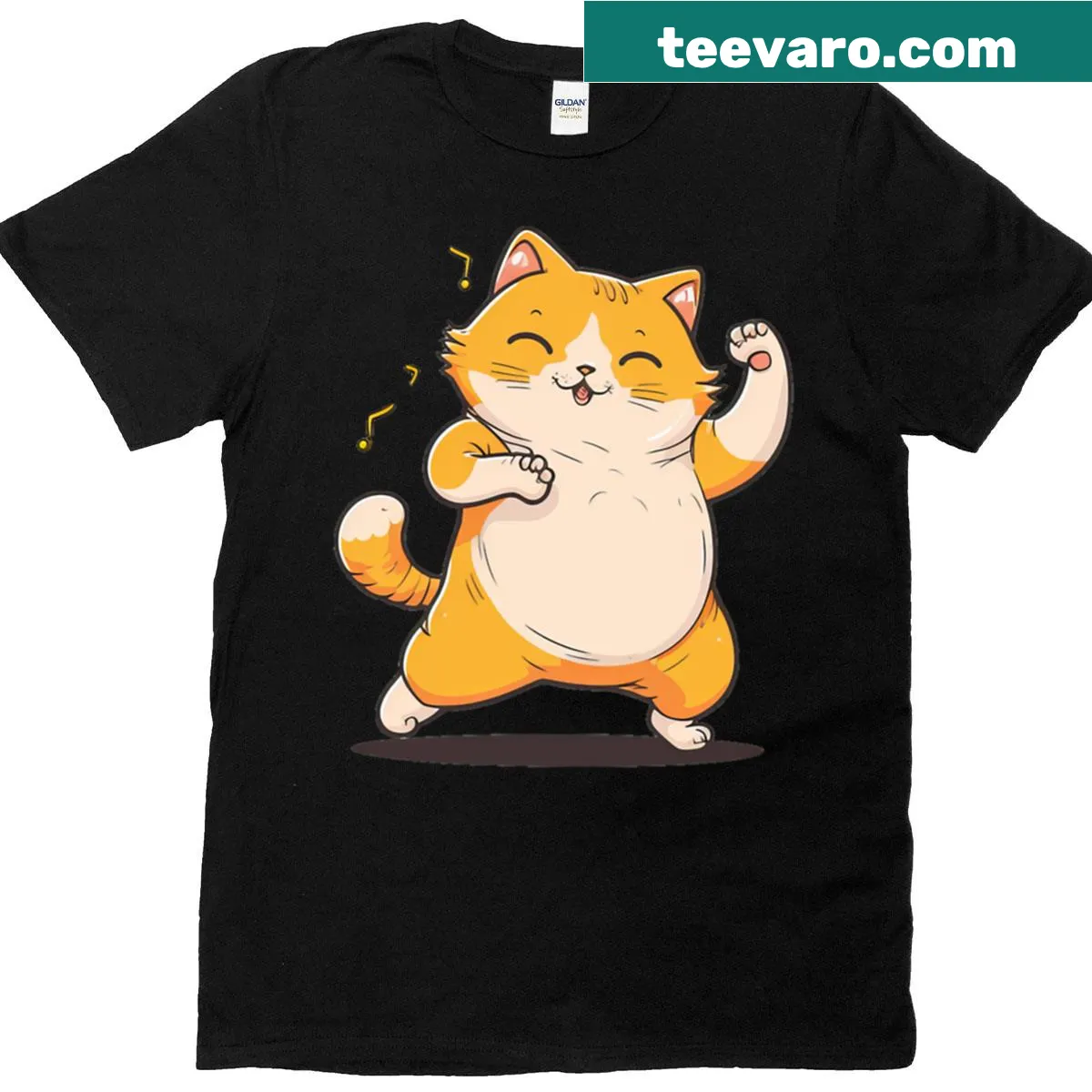 Cartoon of a cute fat dancing cat on a t-shirt — on a men's t-shirt