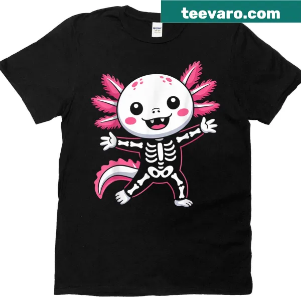 Kawaii axolotl skeleton design on a Halloween T-shirt for kids.