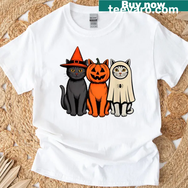 Cute Halloween t-shirt with a ghost, black cat, and pumpkin illustration