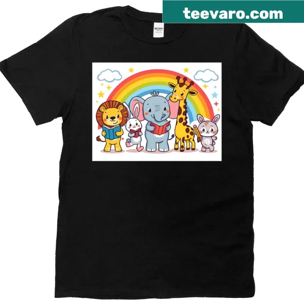 Kids T-shirt with cute jungle animals reading books under a rainbow.
