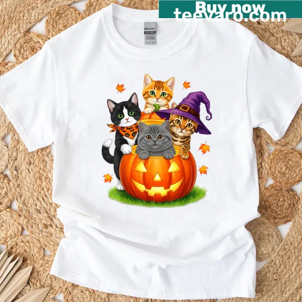 Adorable kittens with pumpkins graphic on Halloween T-shirt