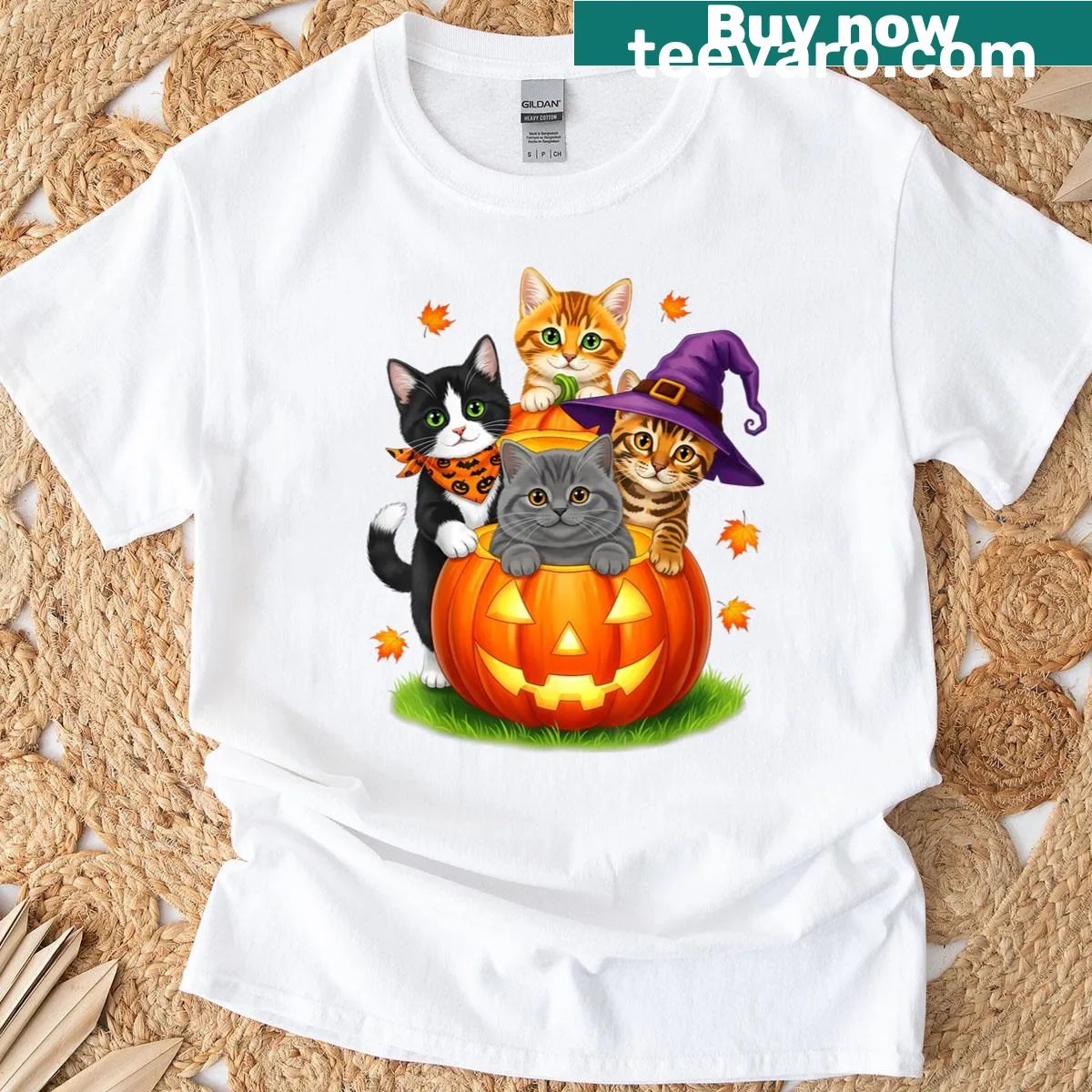 Adorable kittens with pumpkins graphic on Halloween T-shirt — on a men's t-shirt