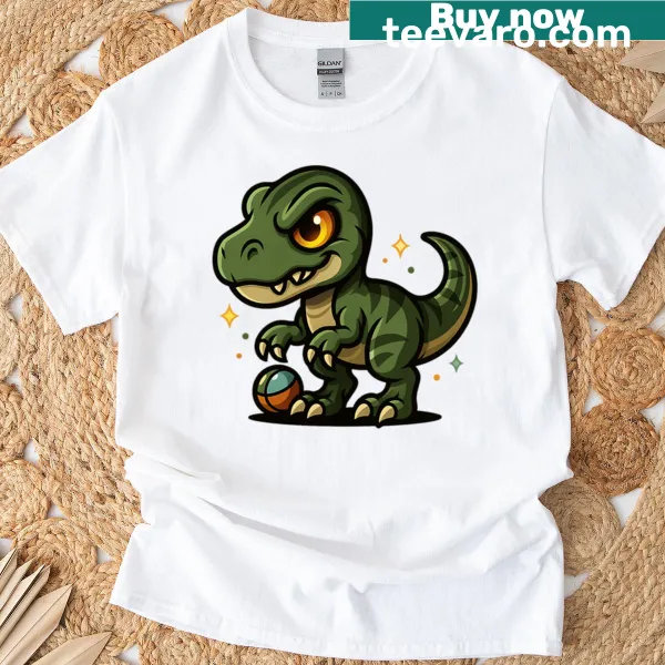 Cute T-rex character playing with a ball on T-shirt
