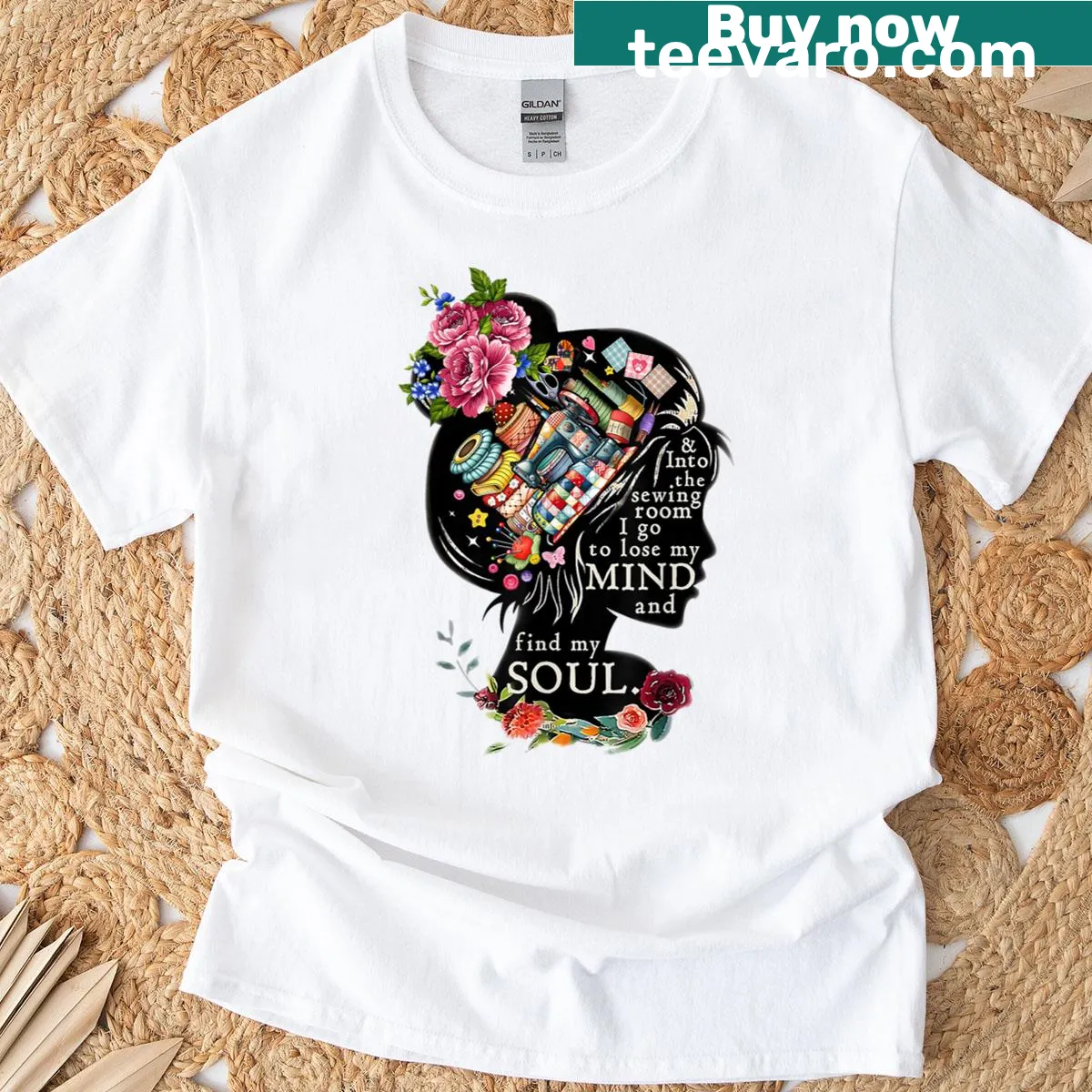 Whimsical sewing t-shirt with quilting and sewing theme — on a men's t-shirt