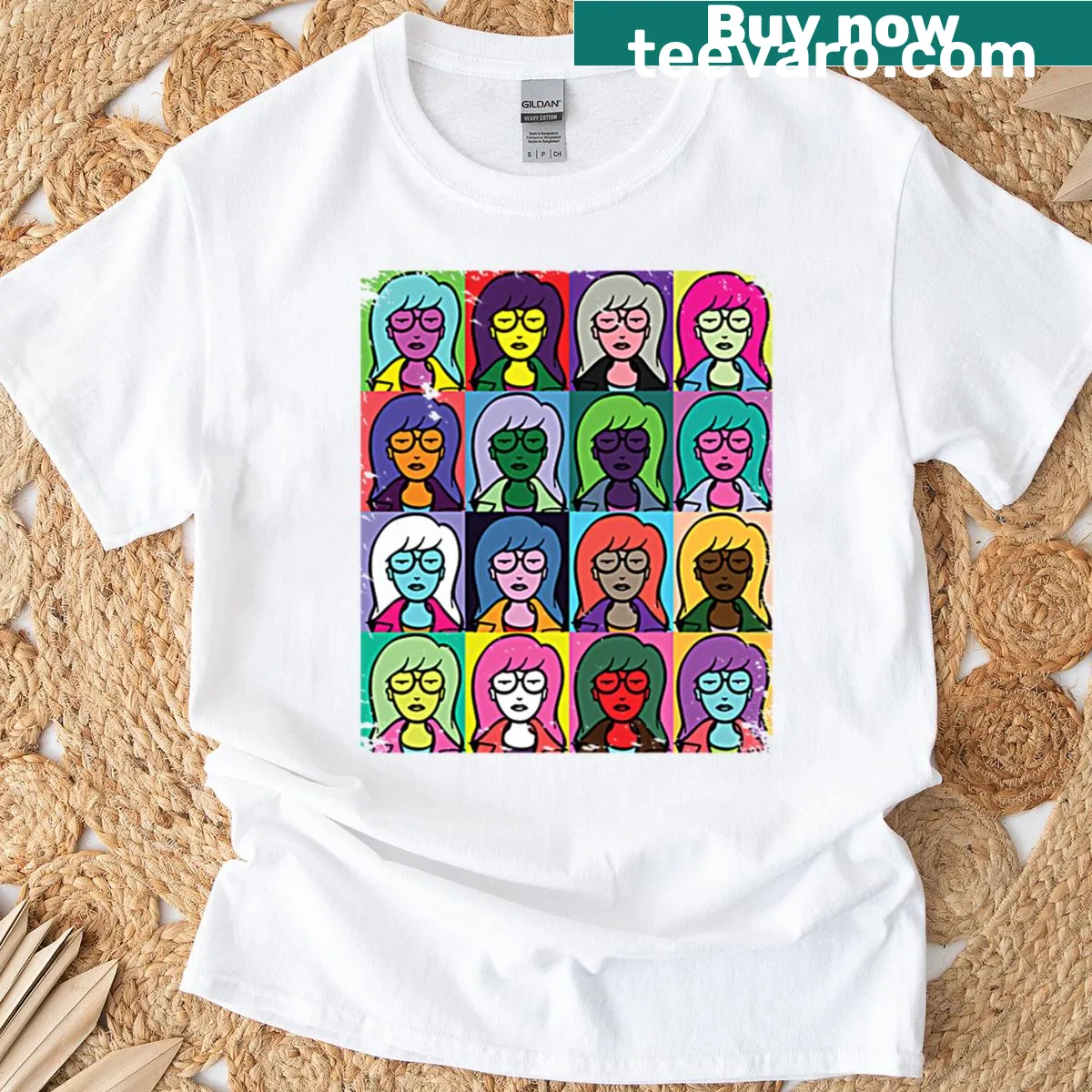 Minimalist line-art T-shirt featuring Daria and Warhol style — on a men's t-shirt