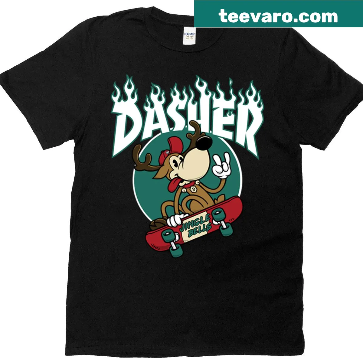 Funny cartoon shirt with a skateboarding reindeer for Christmas. — on a men's t-shirt