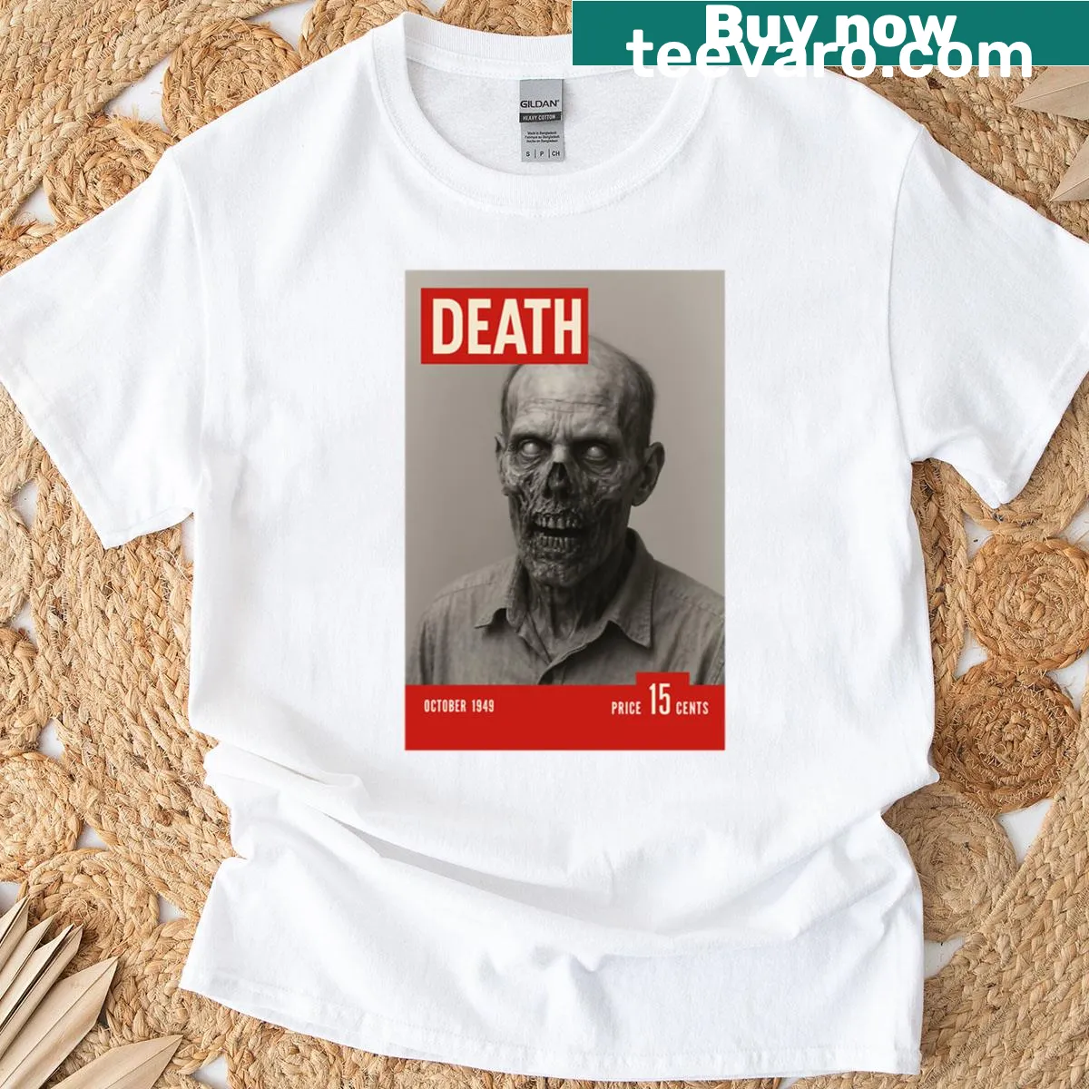 Vintage horror magazine-inspired shirt with zombie graphic — on a men's t-shirt