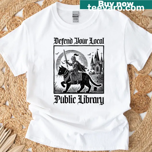 Funny knight riding a cat graphic T-shirt supporting libraries
