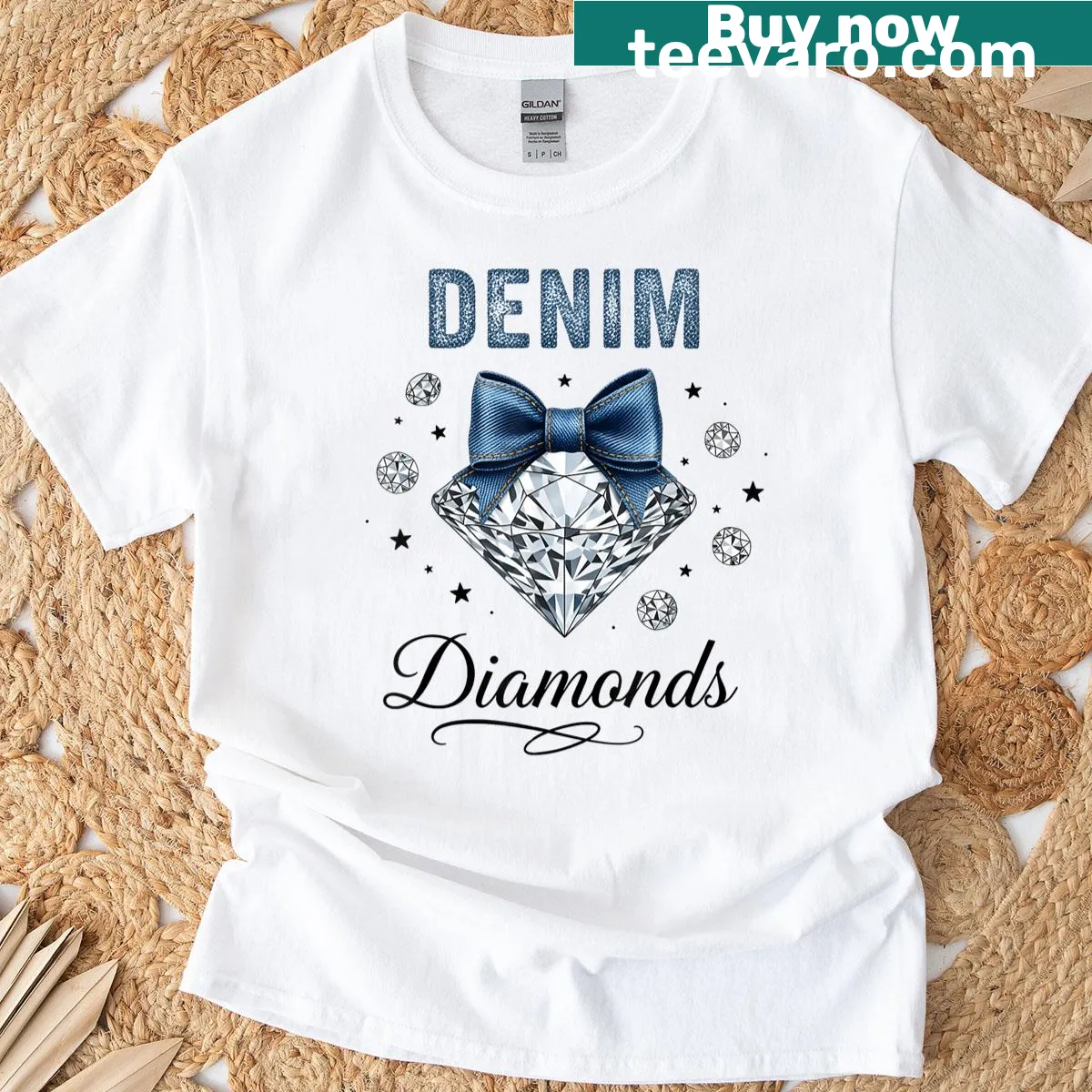 Western graphic t-shirt with denim and diamond motifs — on a men's t-shirt
