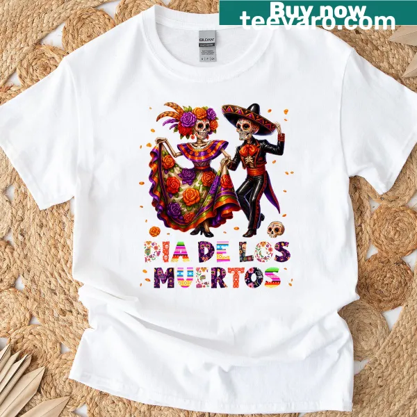 Dancing skeleton design on a Dia De Los Muertos themed T-shirt.