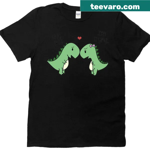 Cute dinosaur hugging graphic on a kids' t-shirt