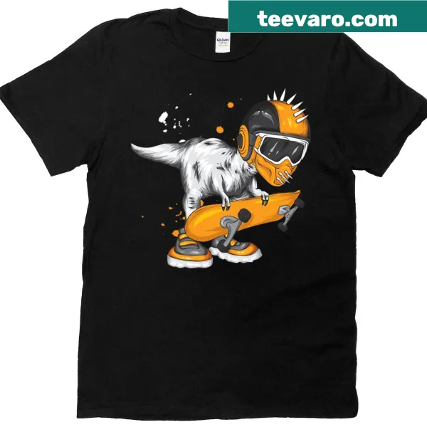 Cartoon dinosaur skateboarding graphic on a T-shirt