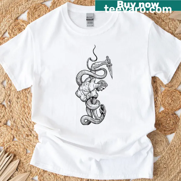 T-shirt featuring an illustration of an epic divine battle