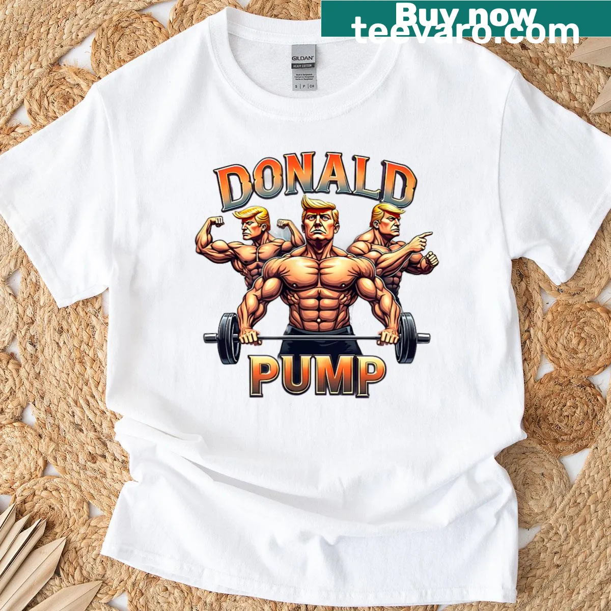 Funny gym meme T-shirt featuring the phrase Donald Pump — on a men's t-shirt