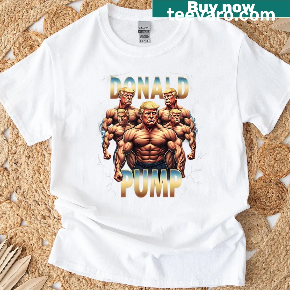 Vintage-style Donald Pump Muscle t-shirt with humorous gym meme — on a men's t-shirt