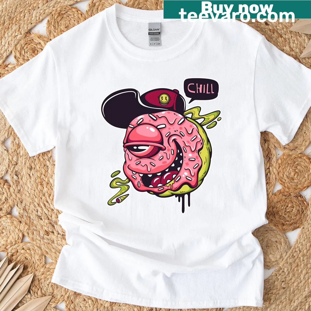 T-shirt with a humorous 'Donut Chill' graphic featuring a donut character — on a men's t-shirt