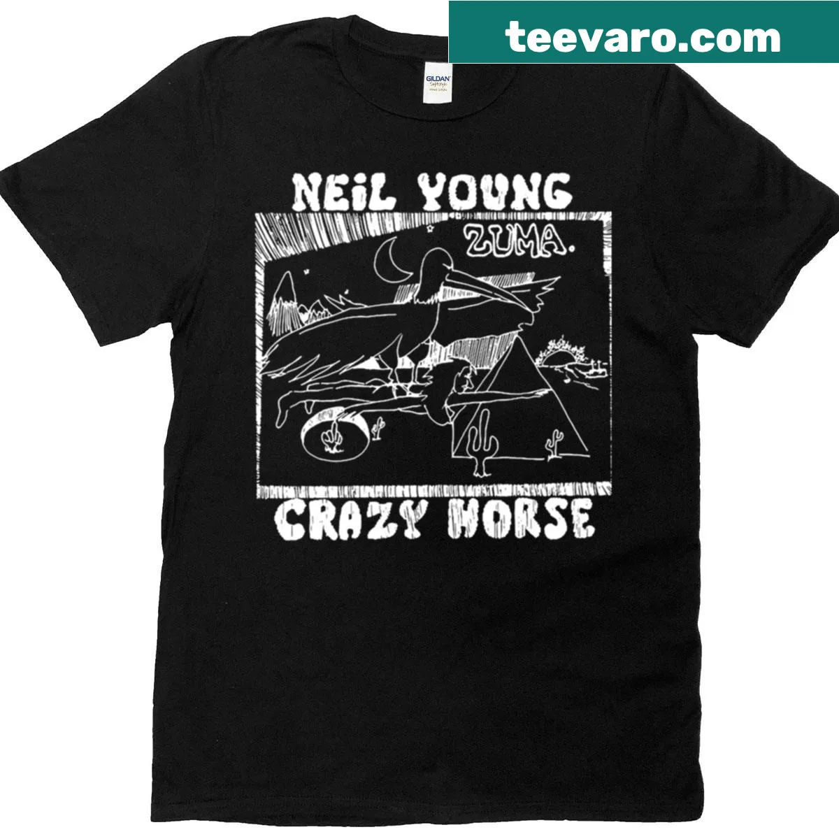 70s-style T-shirt with whimsical horse typography and fun text — on a men's t-shirt