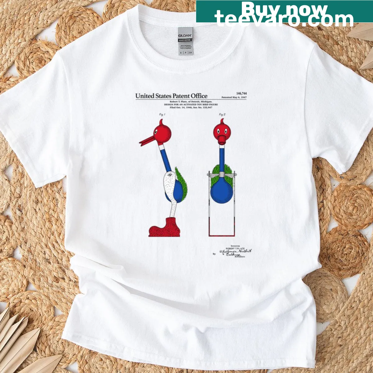 Vintage patent design of a drinking bird on T-shirt — on a men's t-shirt