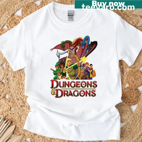 Cartoon Dungeons and Dragons themed t-shirt with mythical creatures
